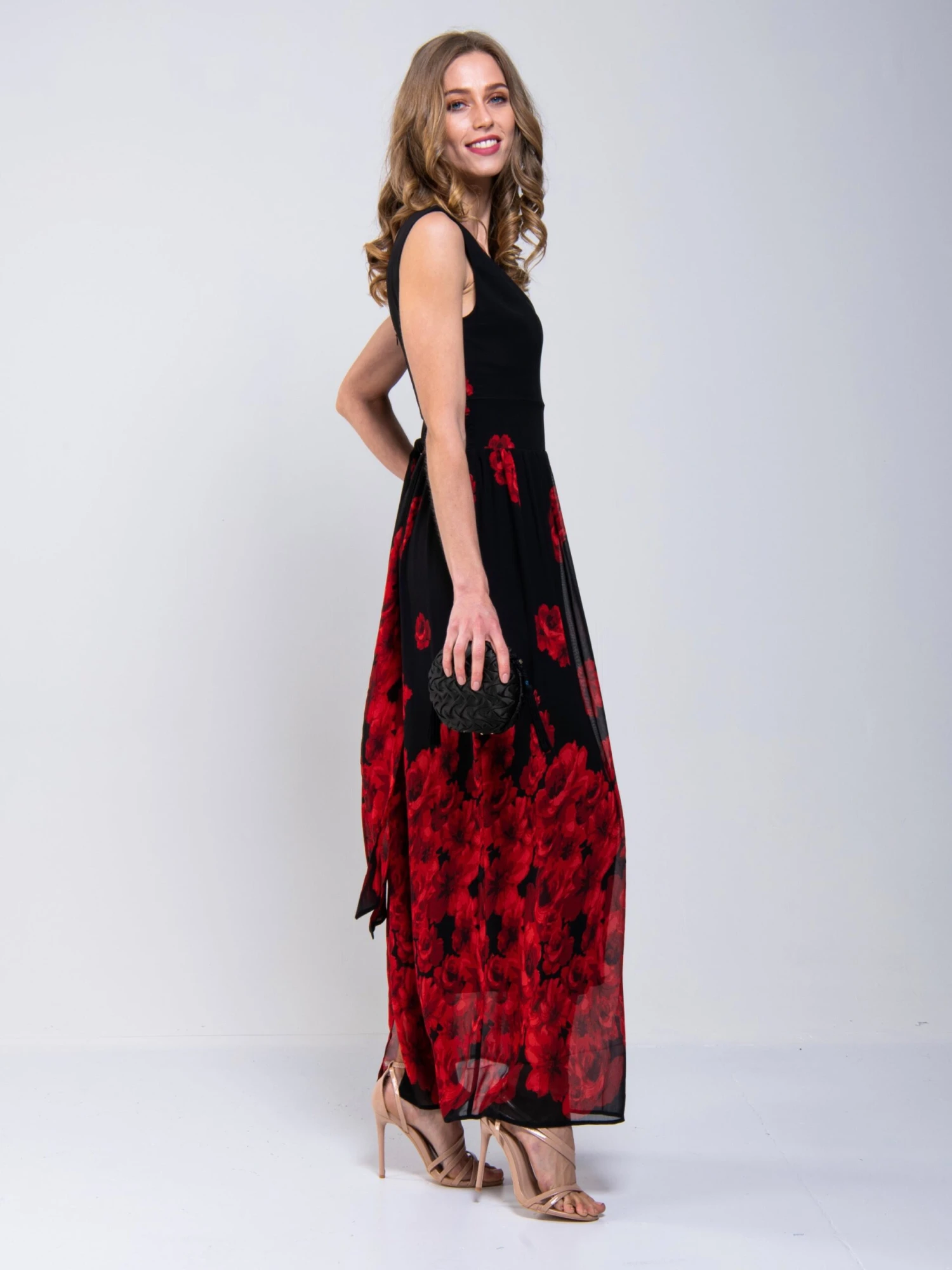Printed Chiffon Maxi Dress, Black Floral 3 Printed Chiffon Maxi Dress, Black Floral - Image 3