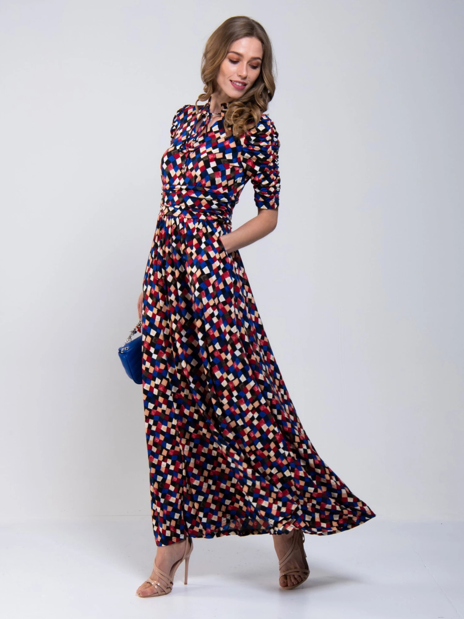 Tie Collar Maxi Dress, Black Geo 1 Tie Collar Maxi Dress, Black Geo