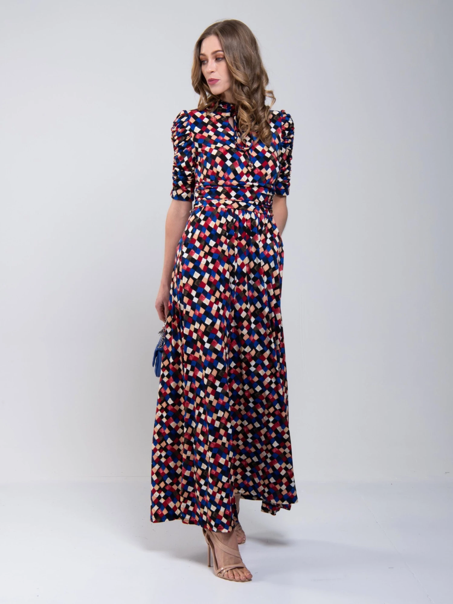 Tie Collar Maxi Dress, Black Geo 2 Tie Collar Maxi Dress, Black Geo - Image 2