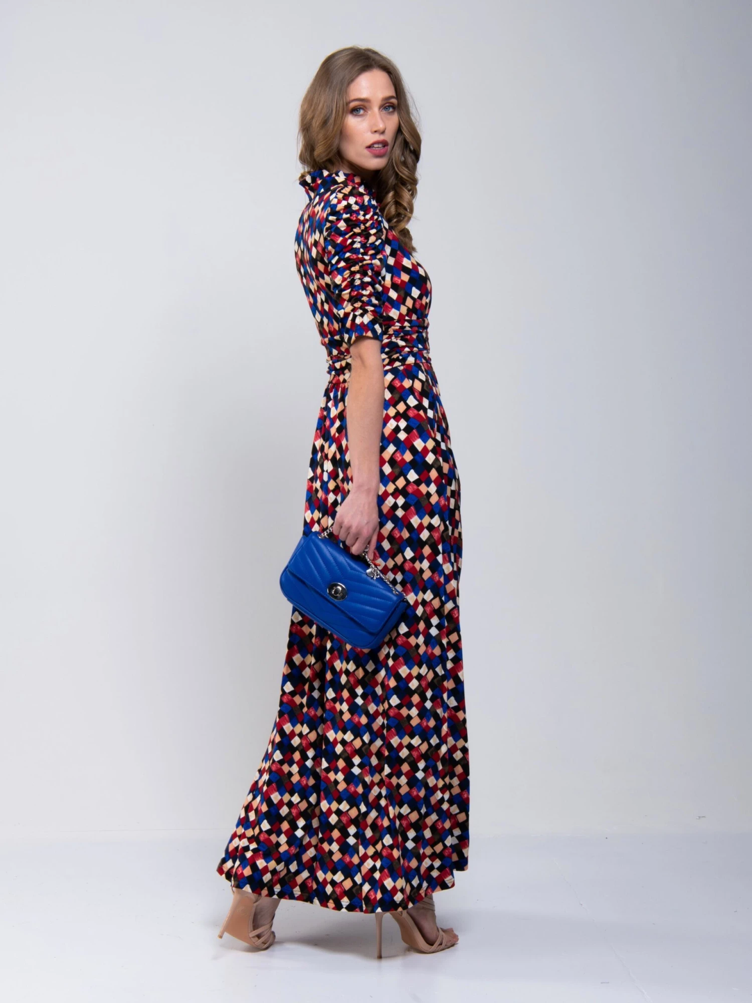 Tie Collar Maxi Dress, Black Geo 3 Tie Collar Maxi Dress, Black Geo - Image 3