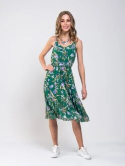 Strappy Floral Pleated Midi Dress, Green Floral