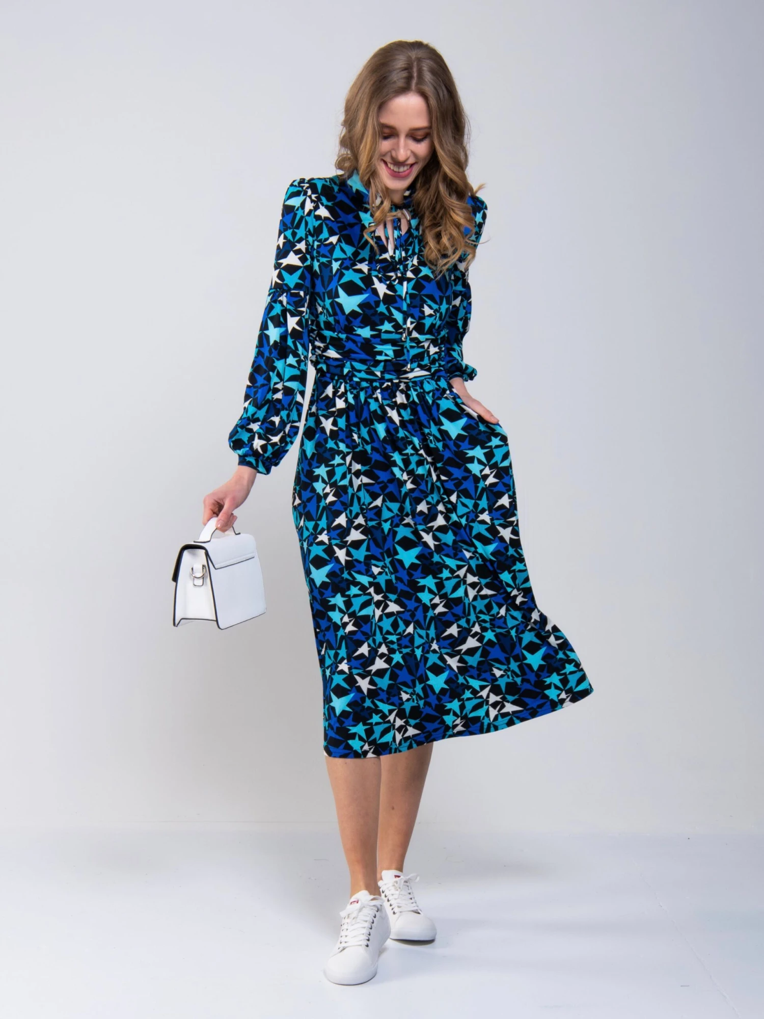 Print Long Sleeve Midi Dress, Navy Star 1 Print Long Sleeve Midi Dress, Navy Star