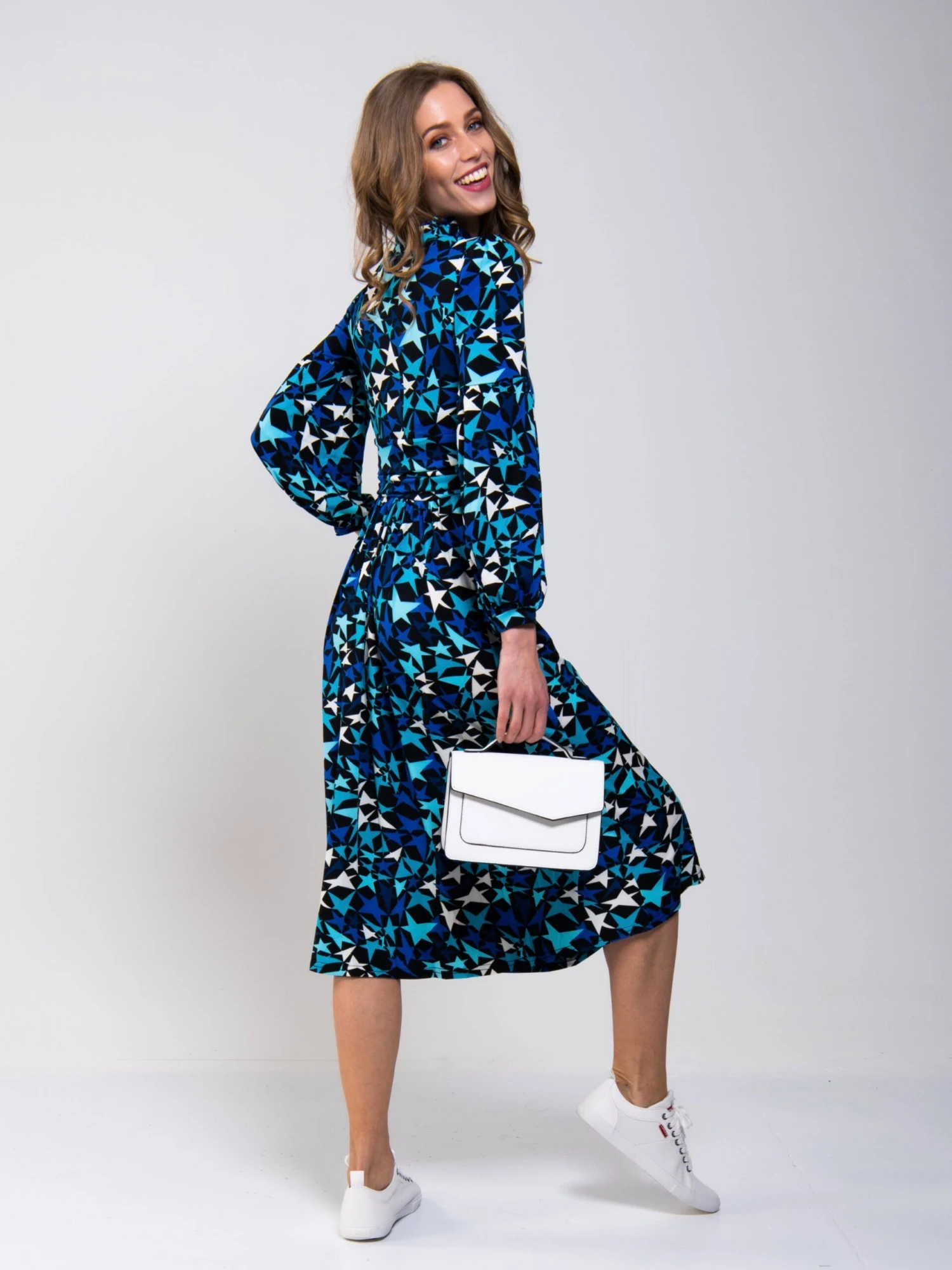 Print Long Sleeve Midi Dress, Navy Star 2 Print Long Sleeve Midi Dress, Navy Star - Image 2
