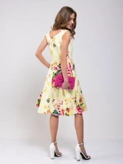 Floral Print Scoop Neck Swing Dress, Yellow Floral