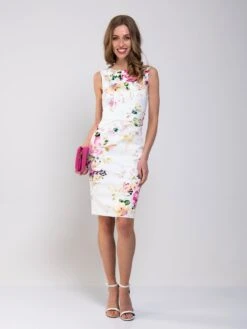 Floral Print Ruched Shift Dress, White Floral