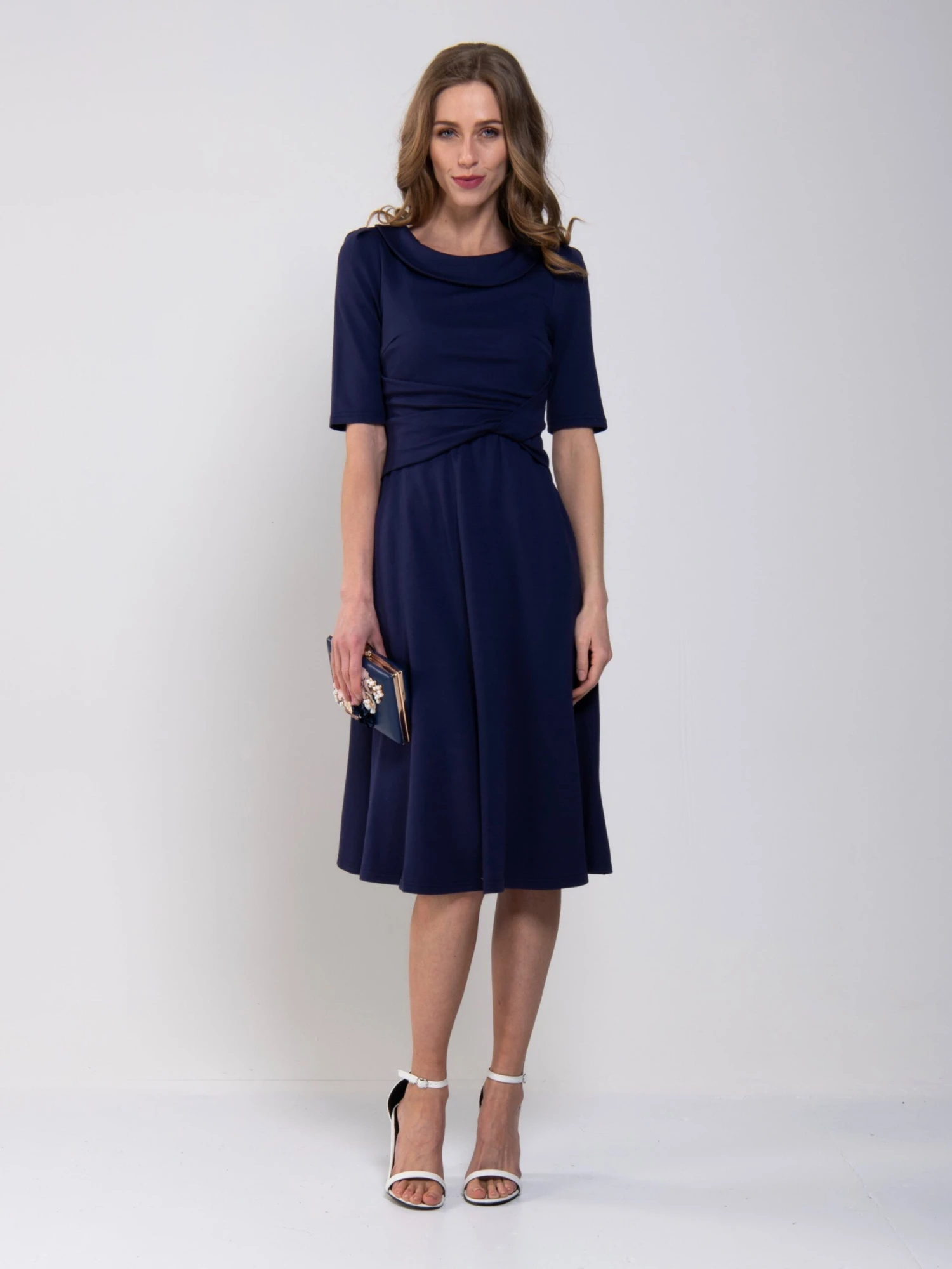 Jolie Moi Roll Collar 50s Dress, Navy 2 Jolie Moi Roll Collar 50s Dress, Navy - Image 2