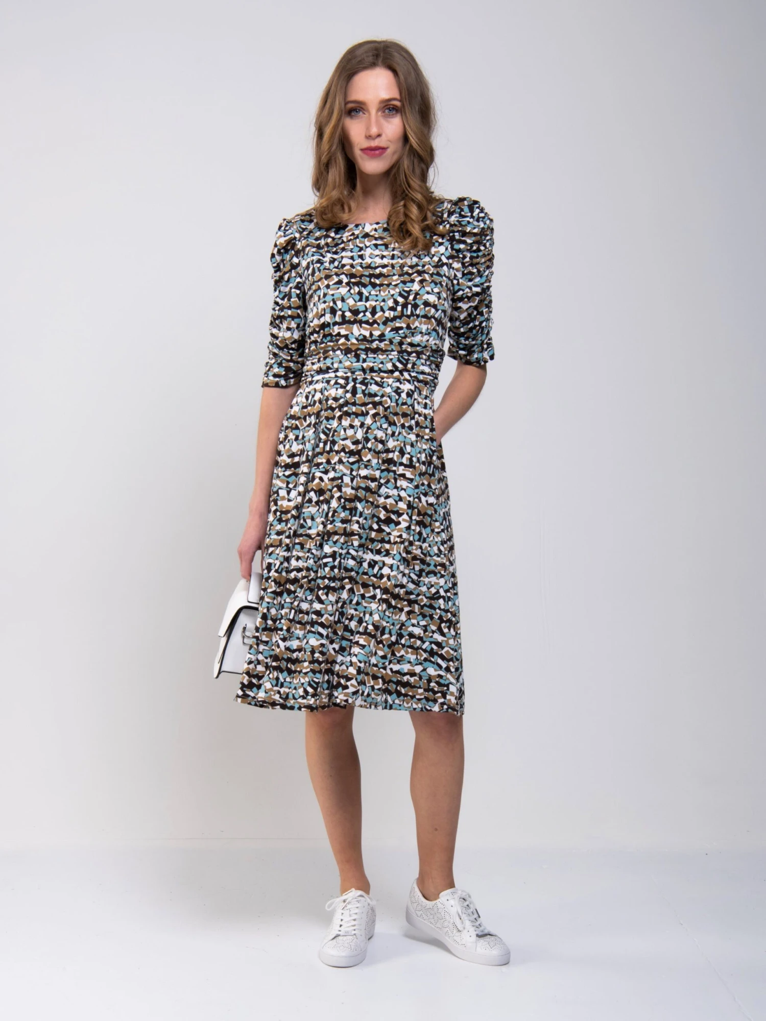 Ruched Sleeve Print Jersey Midi Dress, Blue Abstract 3 Ruched Sleeve Print Jersey Midi Dress, Blue Abstract - Image 3