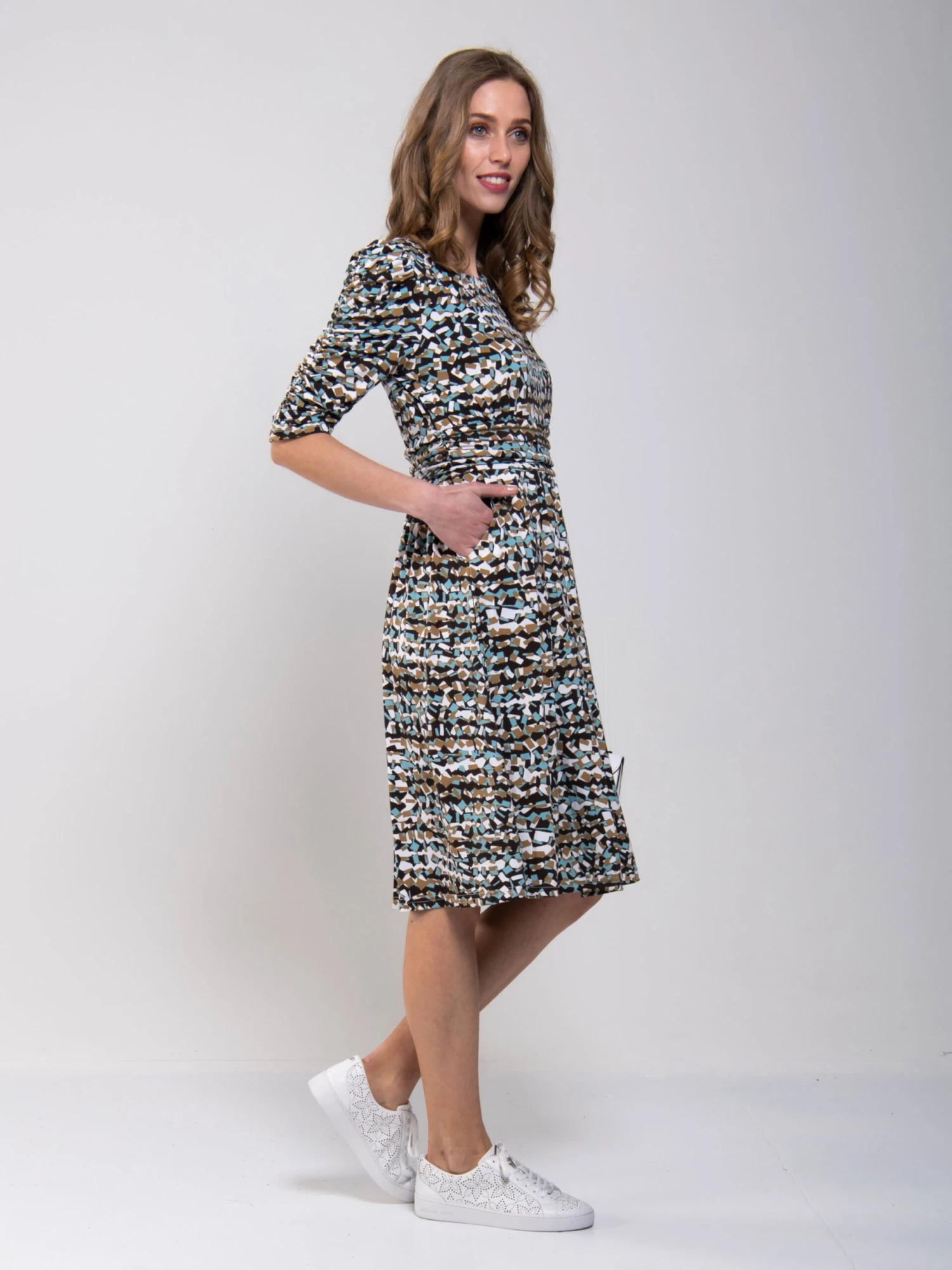 Ruched Sleeve Print Jersey Midi Dress, Blue Abstract 1 Ruched Sleeve Print Jersey Midi Dress, Blue Abstract