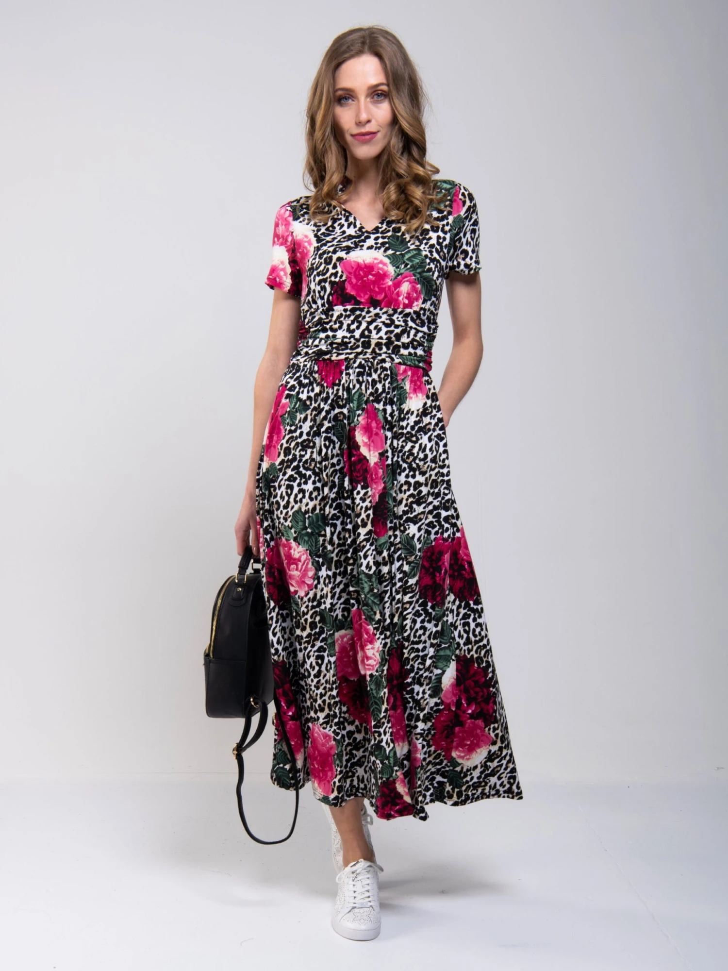 Stand Collar V Neck Print Maxi Dress, Leo Floral 1 Stand Collar V Neck Print Maxi Dress, Leo Floral
