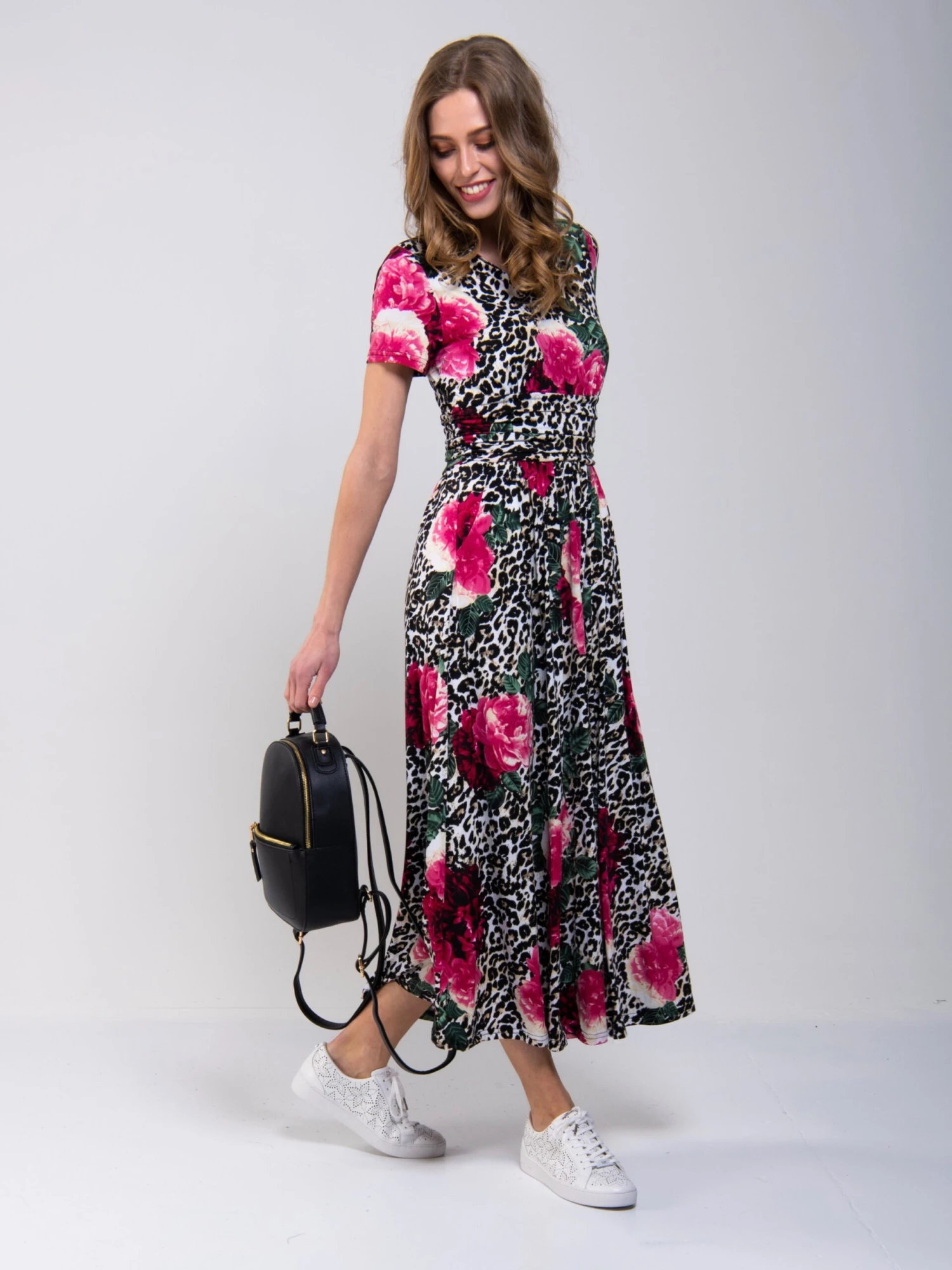 Stand Collar V Neck Print Maxi Dress, Leo Floral 2 Stand Collar V Neck Print Maxi Dress, Leo Floral - Image 2