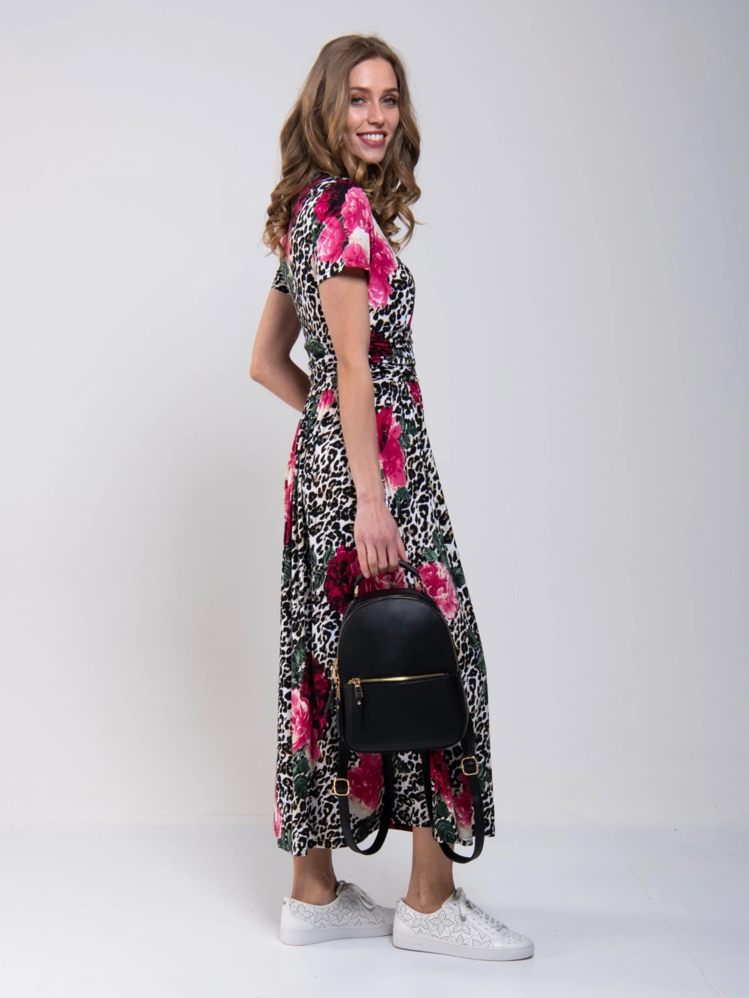 Stand Collar V Neck Print Maxi Dress, Leo Floral 3 Stand Collar V Neck Print Maxi Dress, Leo Floral - Image 3