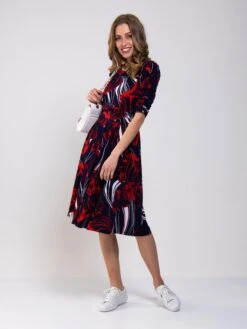 Ruched Sleeve Print Jersey Midi Dress, Navy Abstract -DORIA Clothing Shop MarchShoot 4497 2250X3000 59478384 9fbd 487d 889a 5facc9b38b50