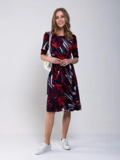 Ruched Sleeve Print Jersey Midi Dress, Navy Abstract