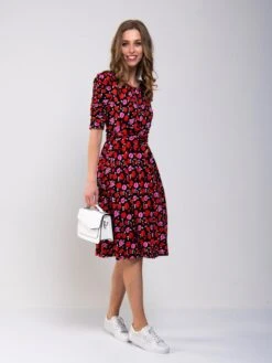 Ruched Sleeve Print Jersey Midi Dress, Red Floral