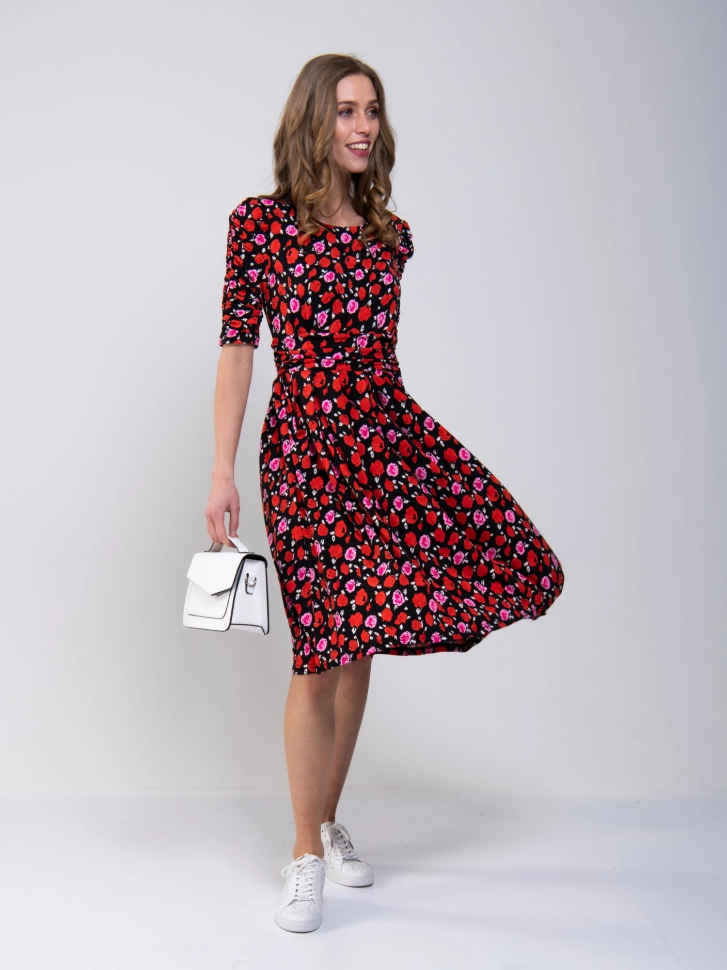 Ruched Sleeve Print Jersey Midi Dress, Red Floral 2 Ruched Sleeve Print Jersey Midi Dress, Red Floral - Image 2
