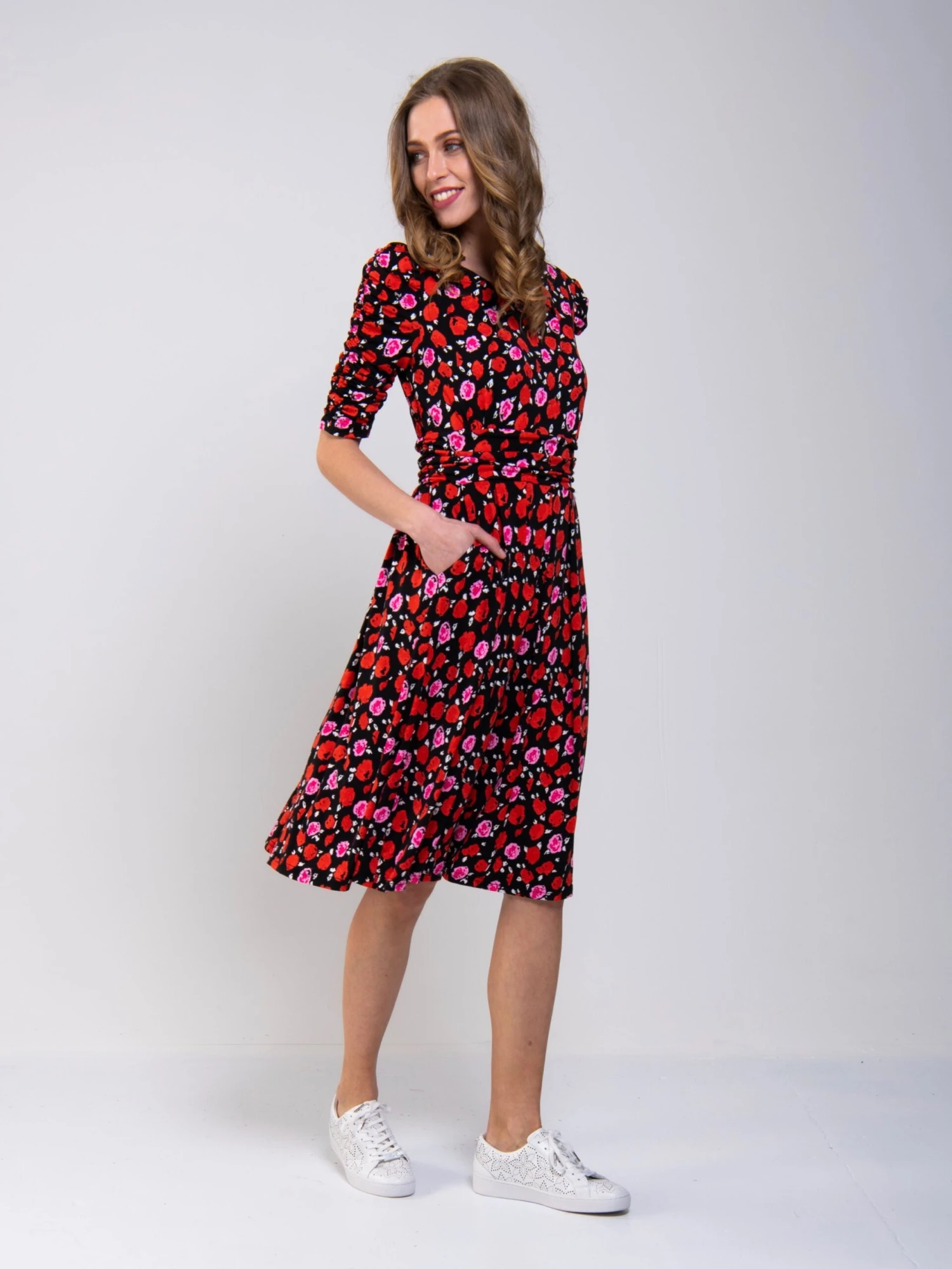Ruched Sleeve Print Jersey Midi Dress, Red Floral 4 Ruched Sleeve Print Jersey Midi Dress, Red Floral - Image 4