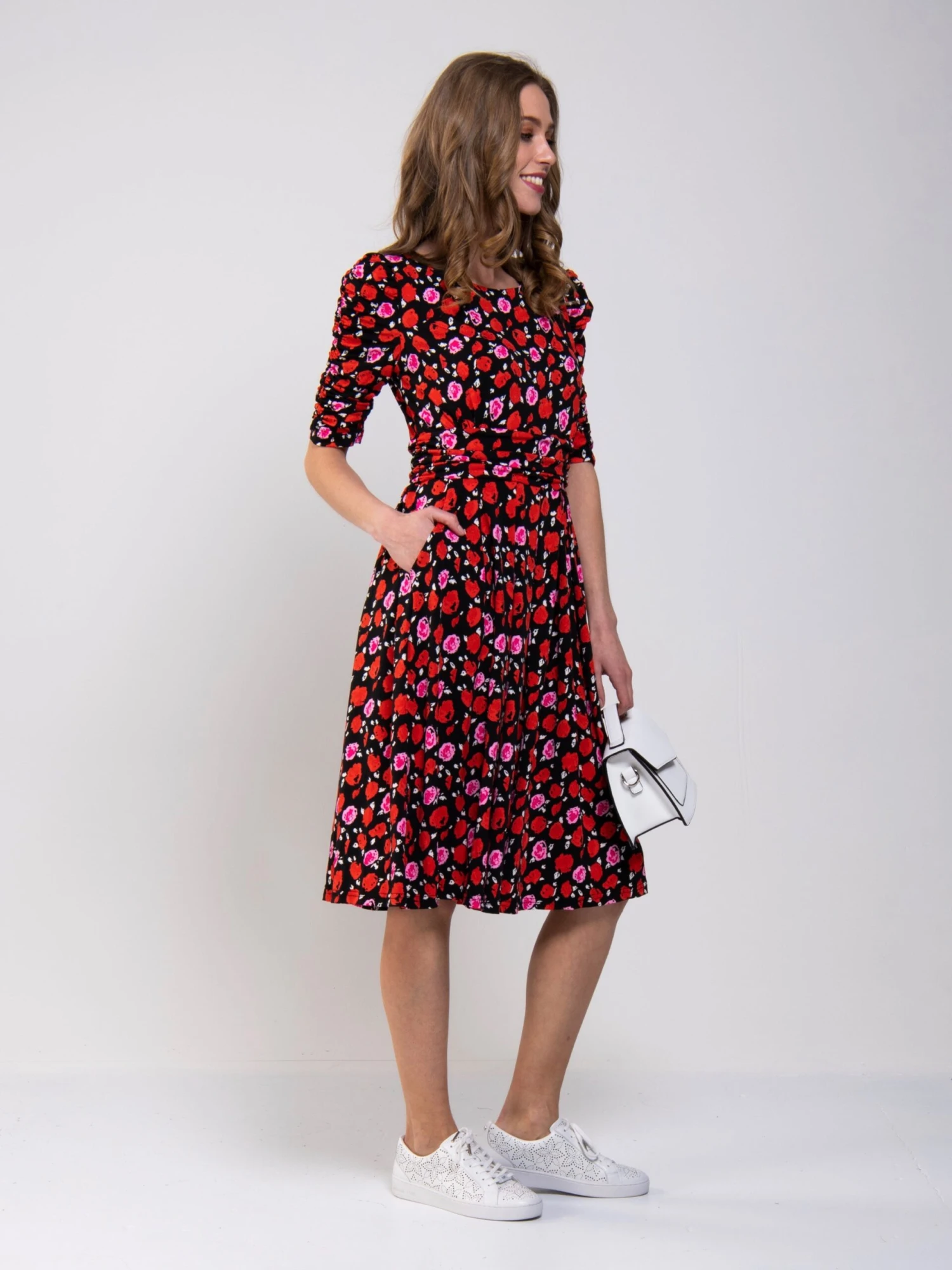 Ruched Sleeve Print Jersey Midi Dress, Red Floral 3 Ruched Sleeve Print Jersey Midi Dress, Red Floral - Image 3