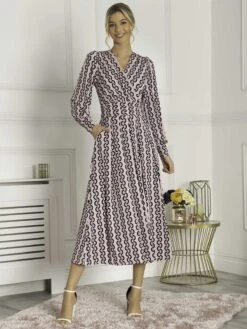 Jolie Moi Nancy Long Sleeve Maxi Dress, Pink Geo -DORIA Clothing Shop N 312621 PinkGeo 2