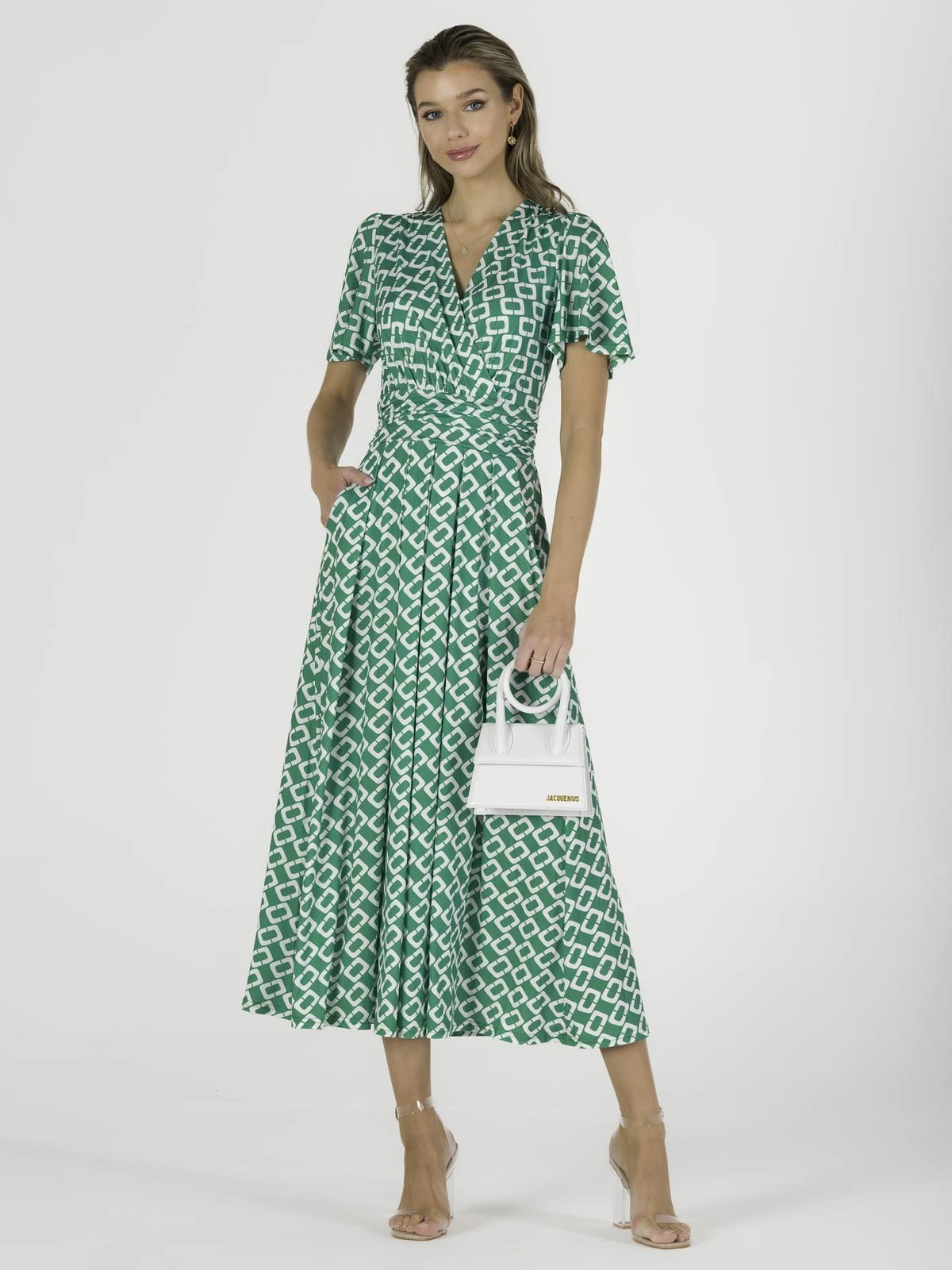 Halley Angel Sleeve Jersey Maxi Dress, Green Geometric 5 Halley Angel Sleeve Jersey Maxi Dress, Green Geometric - Image 5