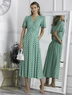 Halley Angel Sleeve Jersey Maxi Dress, Green Geometric 9 Halley Angel Sleeve Jersey Maxi Dress, Green Geometric -DORIA Clothing Shop N62 1020 GreenGeometric 3