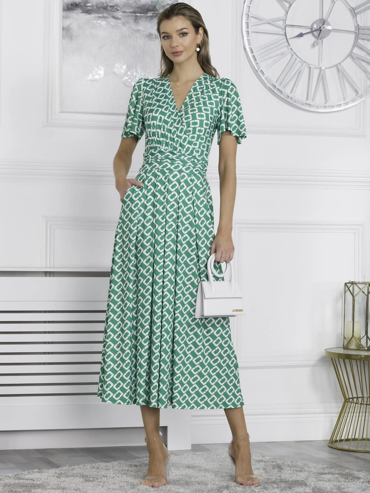Halley Angel Sleeve Jersey Maxi Dress, Green Geometric 1 Halley Angel Sleeve Jersey Maxi Dress, Green Geometric