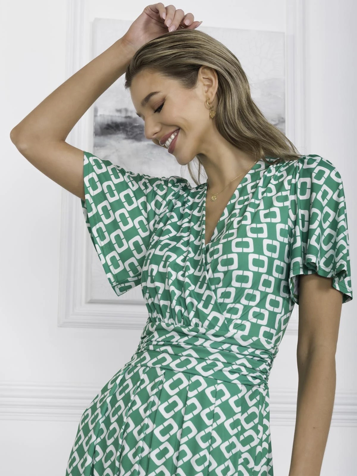 Halley Angel Sleeve Jersey Maxi Dress, Green Geometric 3 Halley Angel Sleeve Jersey Maxi Dress, Green Geometric - Image 3