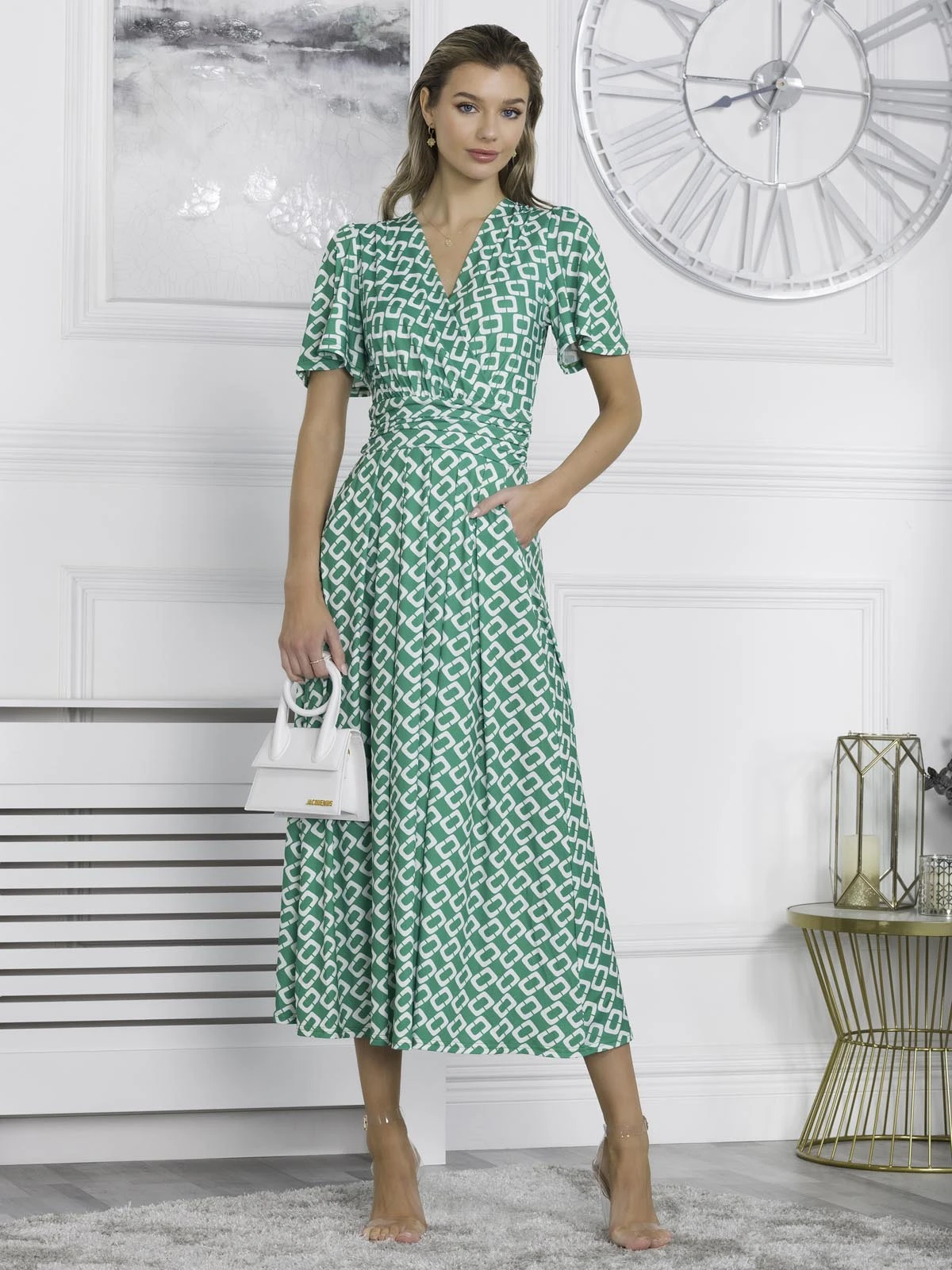 Halley Angel Sleeve Jersey Maxi Dress, Green Geometric 6 Halley Angel Sleeve Jersey Maxi Dress, Green Geometric - Image 6