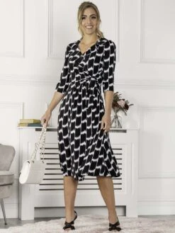 Jolie Moi Sylvie Wrap Collar Dress, Black Geo -DORIA Clothing Shop NT 1869 BlackGeo 07