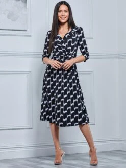 Jolie Moi Sylvie Wrap Collar Dress, Black Geo -DORIA Clothing Shop NT 1869 BlackGeo 1