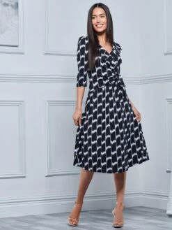 Jolie Moi Sylvie Wrap Collar Dress, Black Geo -DORIA Clothing Shop NT 1869 BlackGeo 5