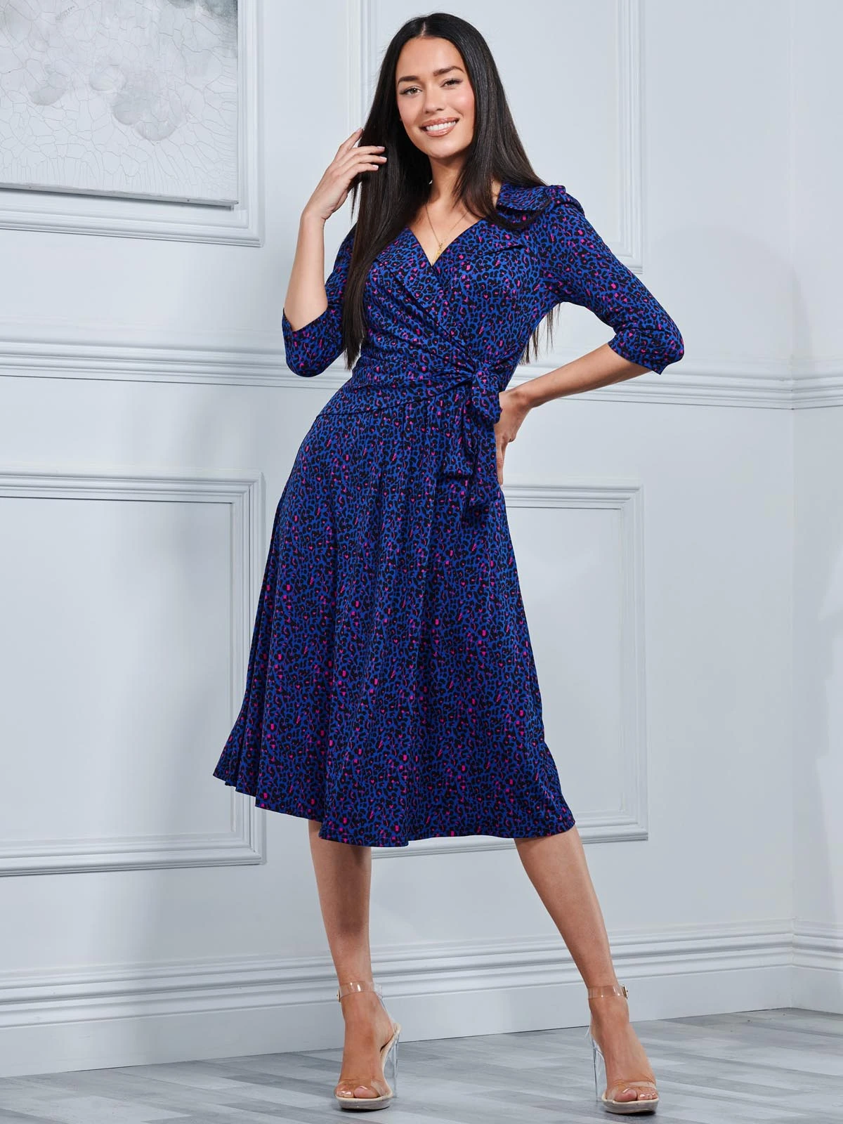 Sylvie Wrap Collar Dress, Blue Animal 1 Sylvie Wrap Collar Dress, Blue Animal