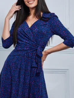 Sylvie Wrap Collar Dress, Blue Animal 8 Sylvie Wrap Collar Dress, Blue Animal -DORIA Clothing Shop NT 1869 BlueAnimal 3