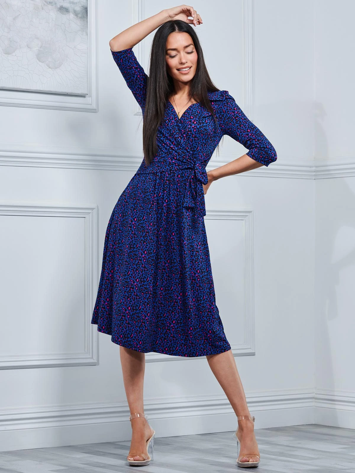 Sylvie Wrap Collar Dress, Blue Animal 4 Sylvie Wrap Collar Dress, Blue Animal - Image 4