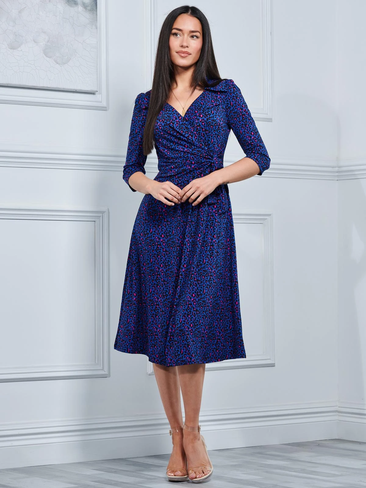 Sylvie Wrap Collar Dress, Blue Animal 5 Sylvie Wrap Collar Dress, Blue Animal - Image 5