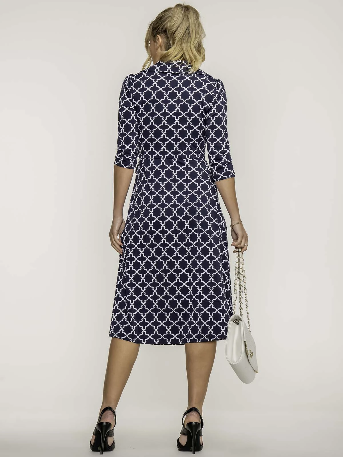 Jolie Moi Sylvie Wrap Collar Dress, Navy Geo 2 Jolie Moi Sylvie Wrap Collar Dress, Navy Geo - Image 2