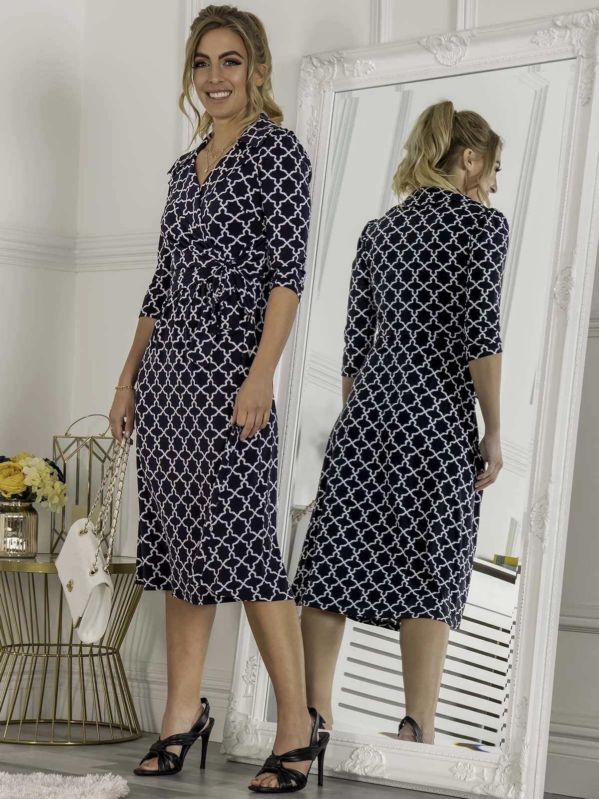 Jolie Moi Sylvie Wrap Collar Dress, Navy Geo 4 Jolie Moi Sylvie Wrap Collar Dress, Navy Geo - Image 4