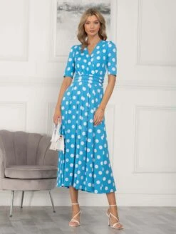 Jolie Moi Odelia Wrap Front Maxi Dress, Blue Polka -DORIA Clothing Shop P 621133 BluePolka 1