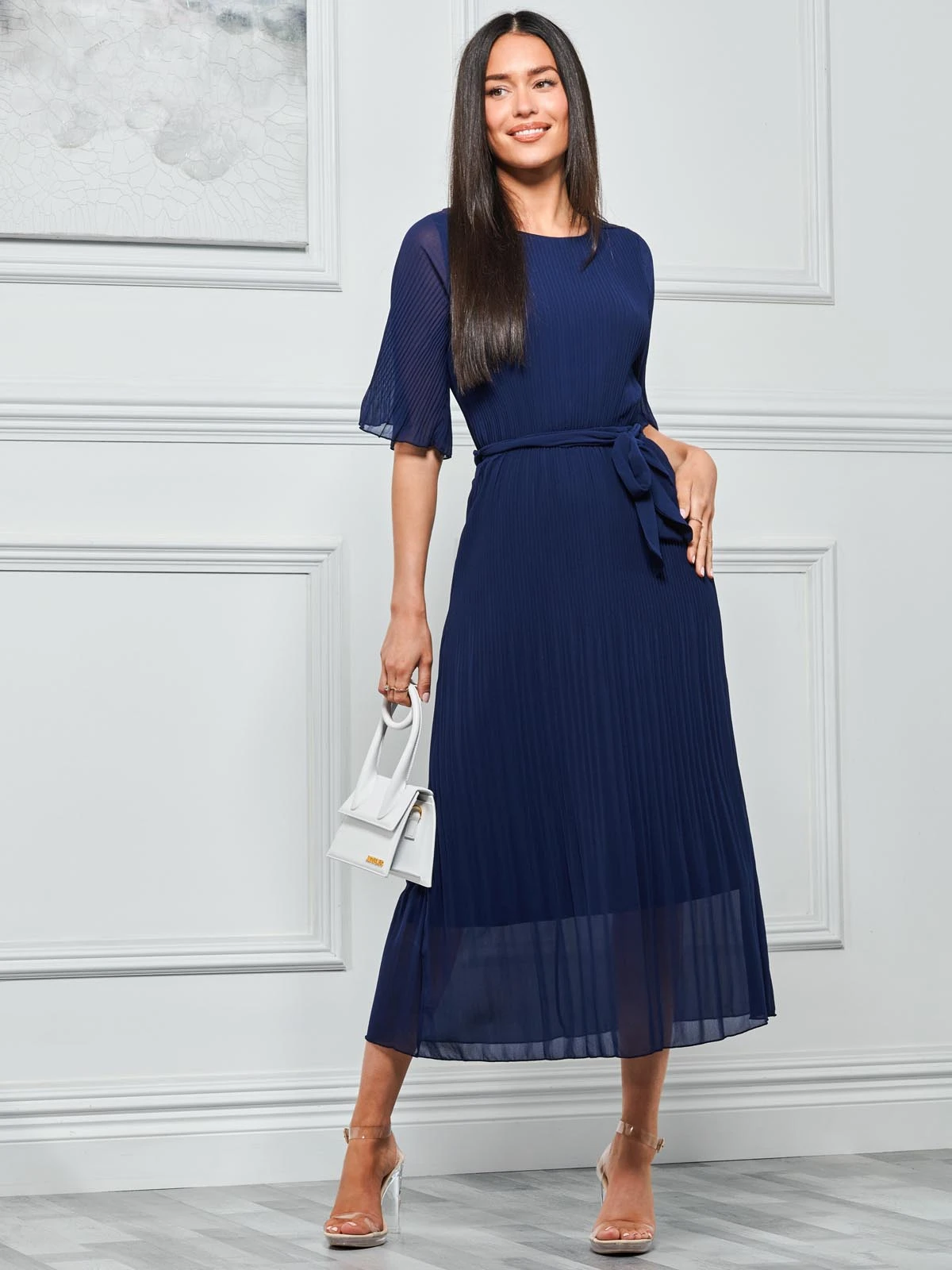 Qynn Chiffon Pleated Maxi Dress, Navy 4 Qynn Chiffon Pleated Maxi Dress, Navy - Image 4