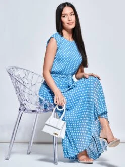 Pleated Chiffon High-Low Maxi Dress, Blue Polka 9 Pleated Chiffon High-Low Maxi Dress, Blue Polka -DORIA Clothing Shop P106 927 BluePolka 5