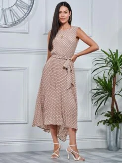 Pleated Chiffon High-Low Maxi Dress, Taupe Multi -DORIA Clothing Shop P106 927 Taupe Multi 4