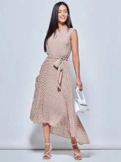 Pleated Chiffon High-Low Maxi Dress, Taupe Multi -DORIA Clothing Shop P106 927 Taupe Multi 5