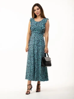 Pia Frill Shoulder Dress, Blue Animal 15 Pia Frill Shoulder Dress, Blue Animal -DORIA Clothing Shop P834 148BlueAnimal 2