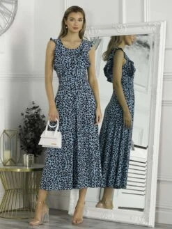 Pia Frill Shoulder Dress, Blue Animal 12 Pia Frill Shoulder Dress, Blue Animal -DORIA Clothing Shop P834 148 BlueAnimal 1