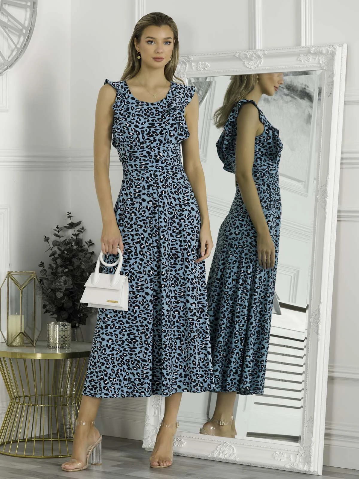 Pia Frill Shoulder Dress, Blue Animal 5 Pia Frill Shoulder Dress, Blue Animal - Image 5