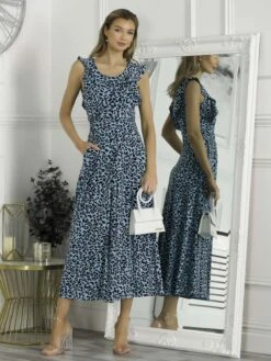 Pia Frill Shoulder Dress, Blue Animal 14 Pia Frill Shoulder Dress, Blue Animal -DORIA Clothing Shop P834 148 BlueAnimal 2