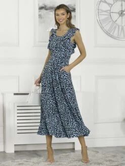 Pia Frill Shoulder Dress, Blue Animal 11 Pia Frill Shoulder Dress, Blue Animal -DORIA Clothing Shop P834 148 BlueAnimal 3