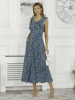 Pia Frill Shoulder Dress, Blue Animal 13 Pia Frill Shoulder Dress, Blue Animal -DORIA Clothing Shop P834 148 BlueAnimal 5