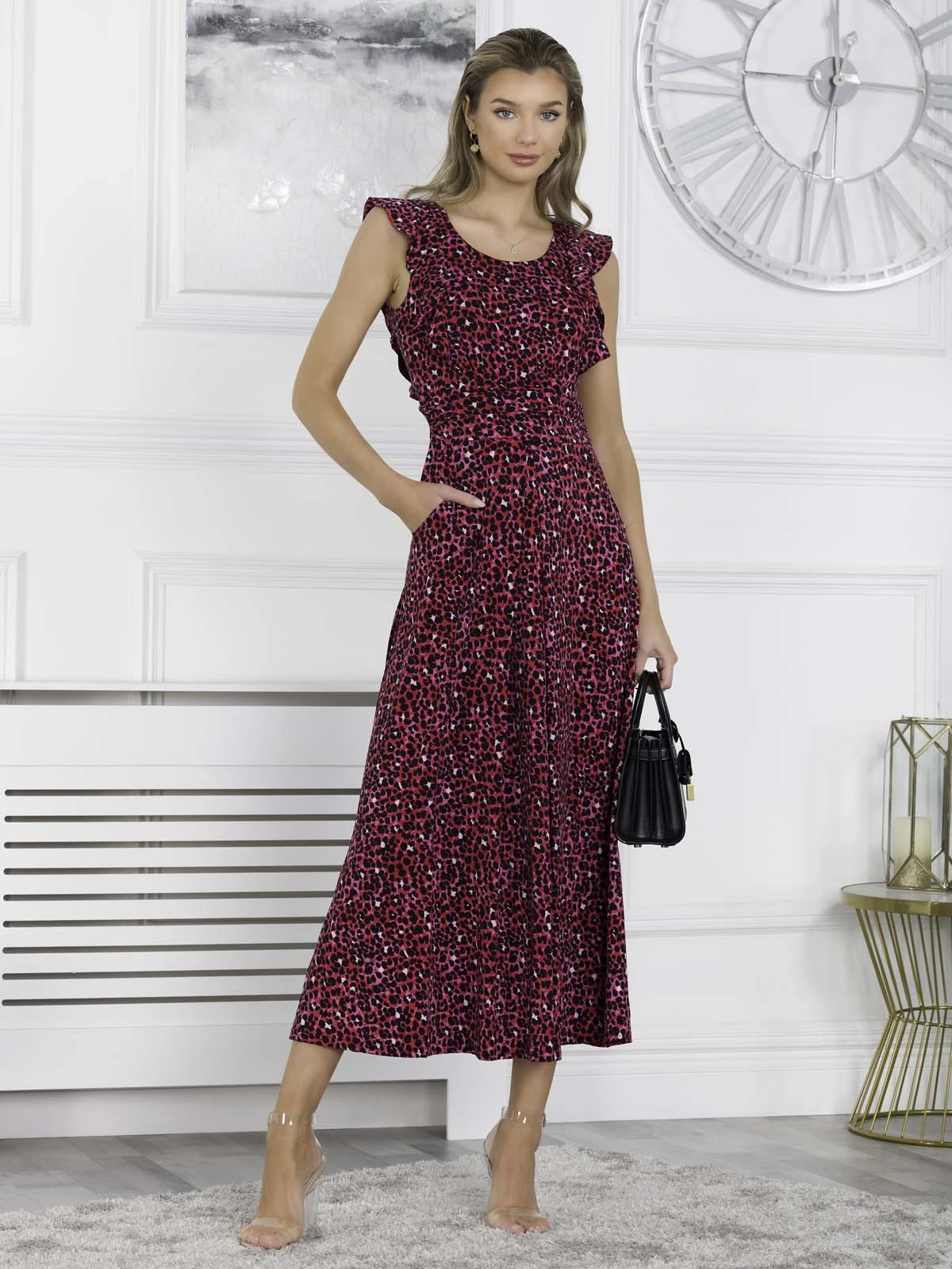 Pia Frill Shoulder Maxi Dress, Pink Animal 1 Pia Frill Shoulder Maxi Dress, Pink Animal