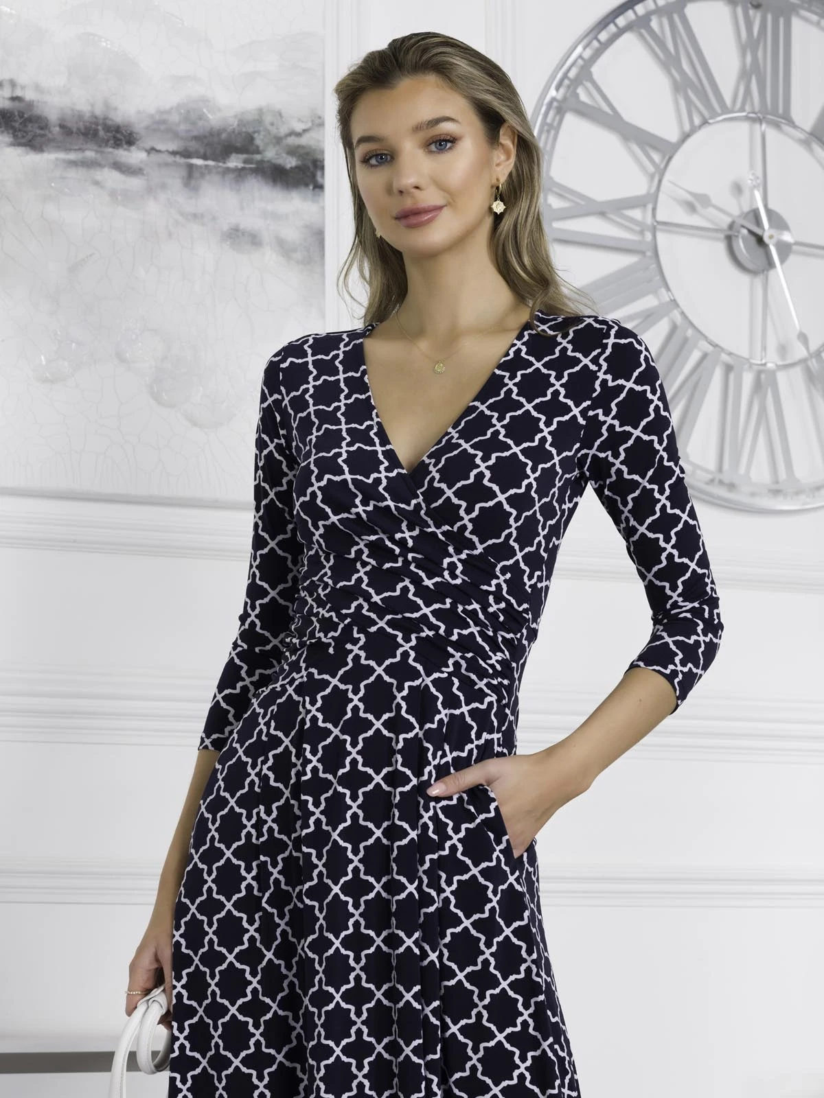 Patricia Jersey Fit & Flare Maxi Dress, Navy Geo 3 Patricia Jersey Fit & Flare Maxi Dress, Navy Geo - Image 3