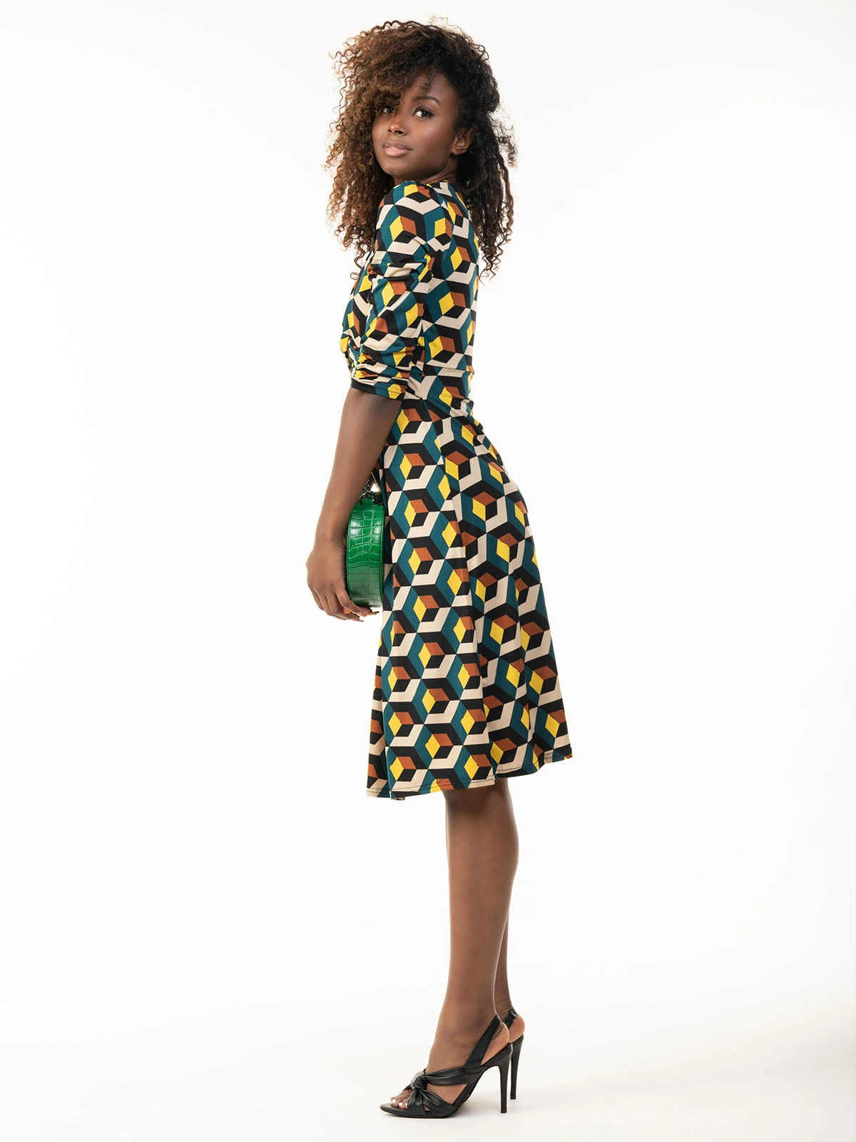 3/4 Sleeve Twisted Knot Jersey Dress, Teal Geo 5 3/4 Sleeve Twisted Knot Jersey Dress, Teal Geo - Image 5